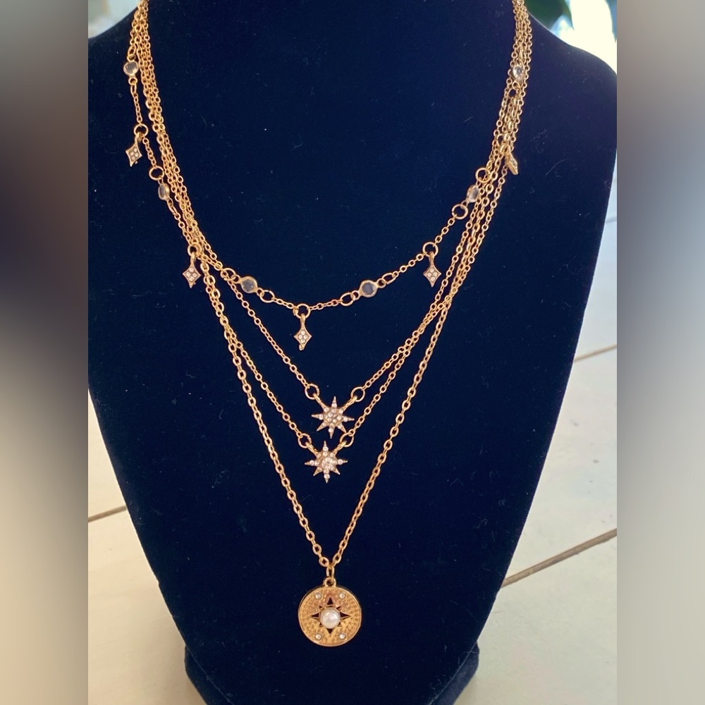 Celestial Pearl Layered Fashion Necklace Gold Tone Costume Jewelry Bohemian NWT